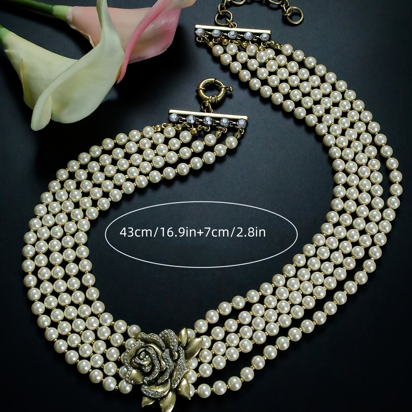 Vintage Glass Pearl Necklace with 3D Rose Pendant